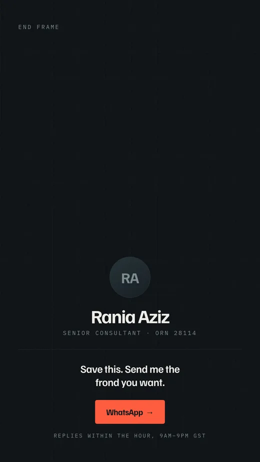 Reel end frame — agent card, WhatsApp CTA
