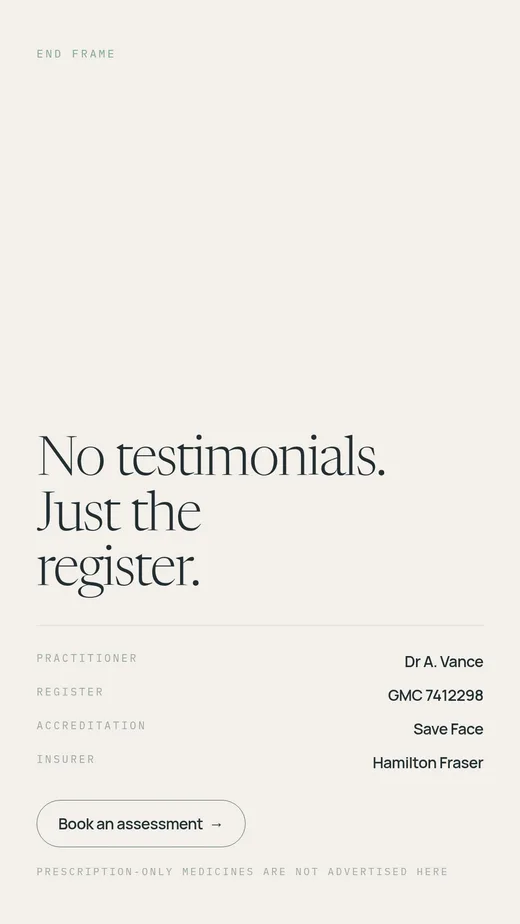 Reel end frame — the register, not testimonials